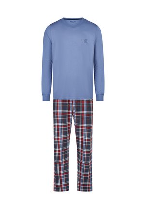 Langärmeliges blaues Oberteil mit kleinem Schriftzug auf der Brust, kombiniert mit roten, weißen und dunkelblau karierten Pyjamahosen.