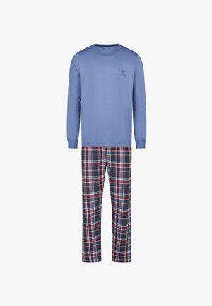 Langärmeliges blaues Oberteil mit kleinem Schriftzug auf der Brust, kombiniert mit roten, weißen und dunkelblau karierten Pyjamahosen.