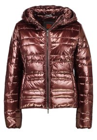 Metallic burgundy puffer jacket with a hood, zip closure, and horizontal stitching. Features elastic cuffs and soft, textured fabric.