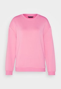 Sudadera rosa hecha de material suave con escote redondo, mangas largas y puños de canalé. Presenta un corte relajado y un diseño simple.