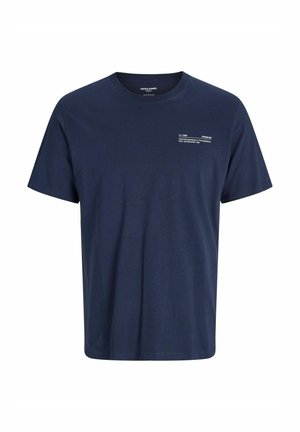 Námořnická modrá bavlněná tričko s kulatým výstřihem, krátkými rukávy a bílým potiskem na levém horním boku.