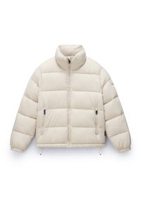 Puffjacka i ljusbeige med hög krage, framdragkedja och två sidofickor. Har elastiska ärmslut och en cropped design.