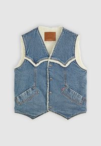 Jeansvest med shearling-for, med en V-formet udskæring, to forlommer og en brun lædermærkat indeni.