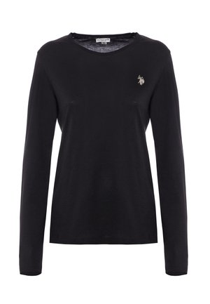 Maglietta nera a maniche lunghe in cotone, con collo rotondo, presenta un piccolo logo ricamato sulla parte superiore sinistra del petto. Texture liscia e design casual.