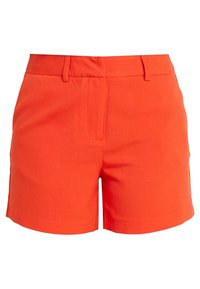 Shorts en coton orange vif avec une coupe ajustée, présentant une texture lisse, des plis à l'avant et une ceinture classique. Pas de poches visibles.