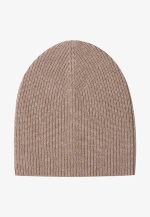 Bonnet en tricot côtelé couleur brun clair, avec un dessus rond et un tissu texturé, offrant chaleur et confort.
