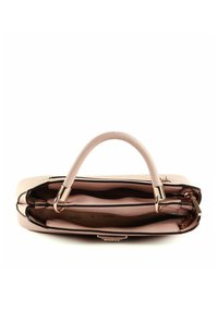 Borsa sintetica rosa con una forma strutturata, doppi manici superiori, accenti in metallo e numerosi scomparti con zip. L'interno è foderato.