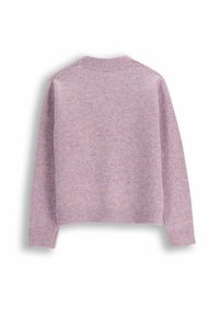 Liliowy sweter dziergany z okrągłym dekoltem, prążkowanymi mankietami i krawędzią, cechujący się miękką fakturą i lekko skróconym krojem. Widok od tyłu.