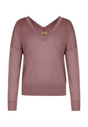 Lilla dame langærmet V-hals trøje med ribbede ærmeafslutninger og kant, lavet af blødt strikket stof.