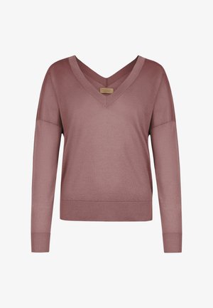 Lilla dame langærmet V-hals trøje med ribbede ærmeafslutninger og kant, lavet af blødt strikket stof.
