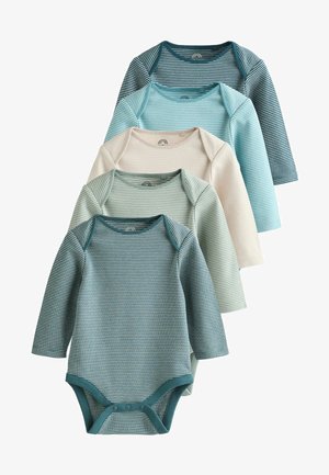 Setti viisi pitkähihasta vauvan bodysizea vaihtelevissa sinisen ja beige sävyissä, vaakasuorilla raidoilla, joissa on nepparit alaosassa.
