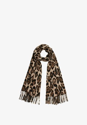 Leopard print scarf in beige and black, featuring a soft texture, rectangular shape, and fringed edges for added detail.