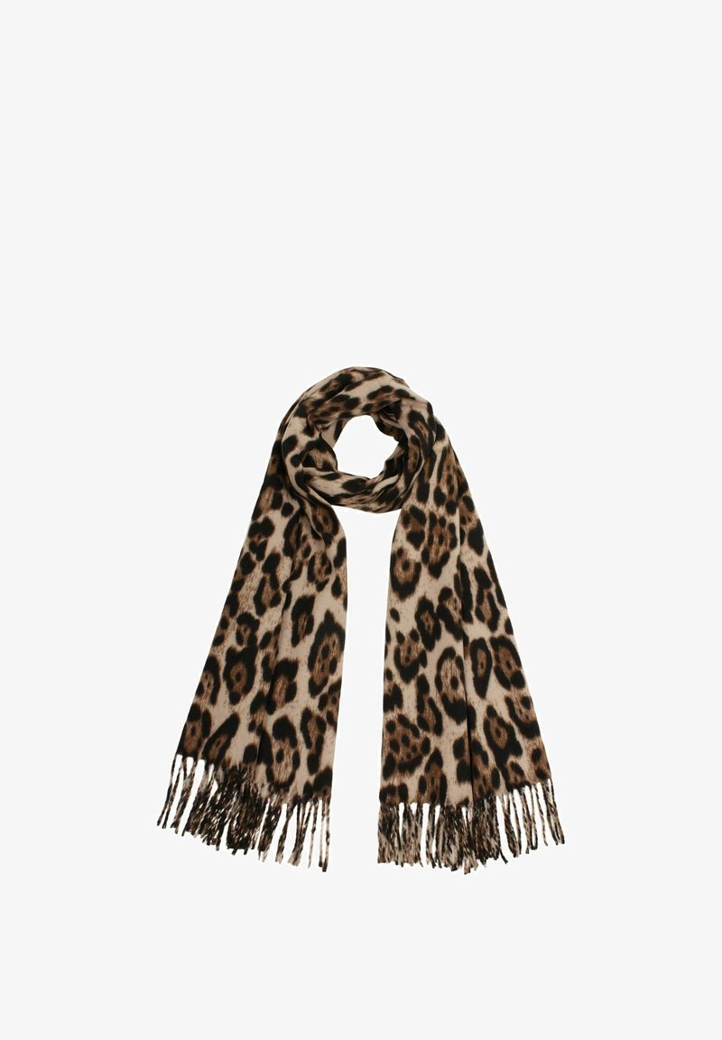 Leopard print scarf in beige and black, featuring a soft texture, rectangular shape, and fringed edges for added detail.