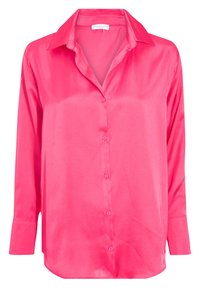 Chemise à manches longues, avec boutons, en satin rose vibrant, dotée d'un col classique, d'une coupe décontractée et d'une texture lisse. Légére brillance.