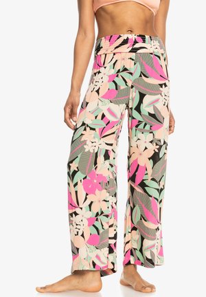 Loose-fitting pants made of lightweight fabric featuring a colorful floral pattern with pink, green, and black accents. Elastic waistband.