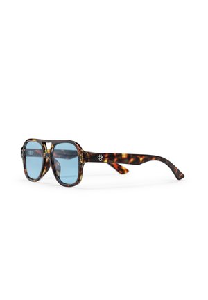 Square sunglasses with a tortoiseshell frame, blue lenses, and a logo on the temple. The design features smooth edges and a glossy finish.