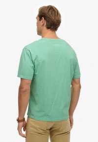 Kortärmelig, lichtgroen katoenen T-shirt met een ronde hals en een losse pasvorm. De stof heeft een gladde textuur.