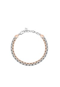 Bracciale in metallo con segmenti alternativi di oro rosa e link di tonalità argento, dotato di chiusura a morsetto e una piccola etichetta con logo.
