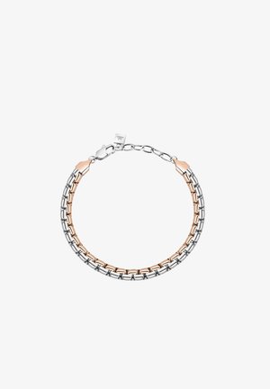 Bracciale in metallo con segmenti alternativi di oro rosa e link di tonalità argento, dotato di chiusura a morsetto e una piccola etichetta con logo.
