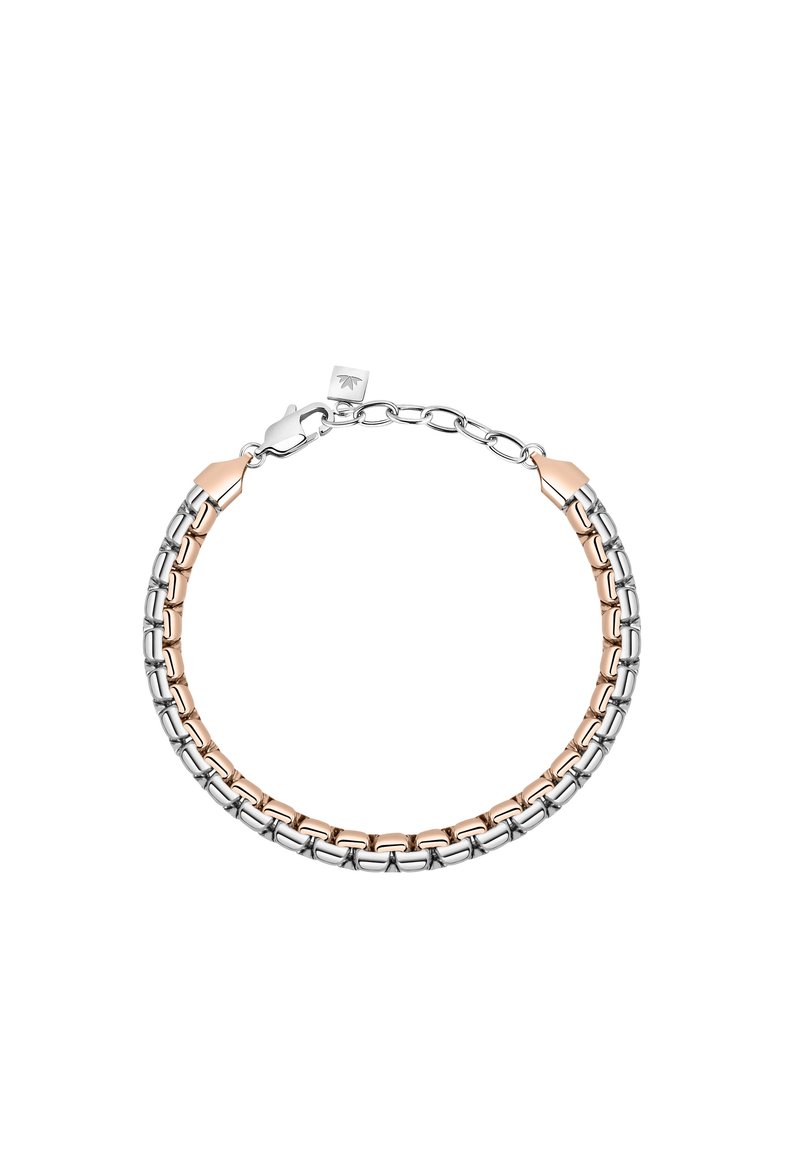 Bracciale in metallo con segmenti alternativi di oro rosa e link di tonalità argento, dotato di chiusura a morsetto e una piccola etichetta con logo.
