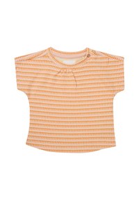 Korte mouw shirt van zachte stof, met horizontale afwisselende oranje en crèmekleurige strepen, een ronde halslijn en een drukknoopsluiting.