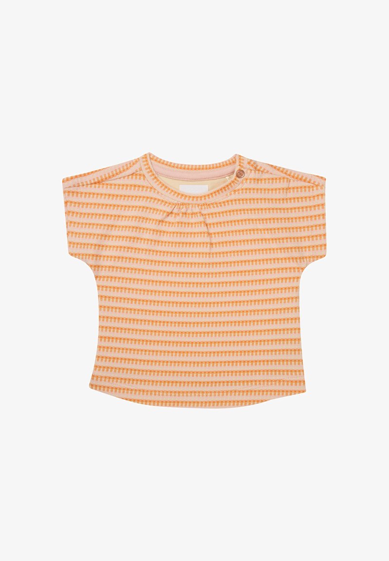 Short-sleeve shirt made of soft fabric, featuring horizontal alternating orange and cream stripes, with a scoop neckline and a snap closure.