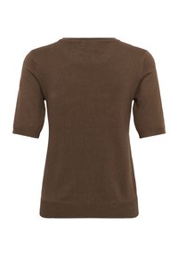 Top en maille marron manches courtes avec encolure ronde côtelée, poignets et ourlet, vu de dos sur fond blanc.