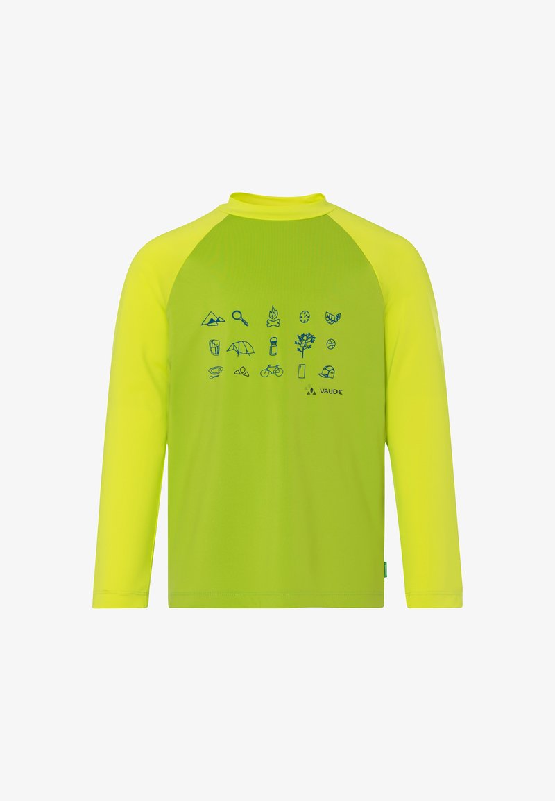 Camicia a maniche lunghe di un vivace verde lime con icone grafiche blu che raffigurano attività all'aperto, realizzata in tessuto leggero e traspirante.