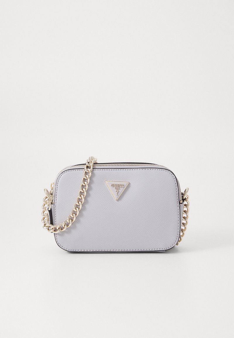 Light gray textured mini bag with a gold chain strap and a triangle logo plaque on the front. Rectangular shape with zip closure.