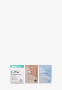 Three skincare product packages arranged in a row: Hydrate & Detox in green, Detox in peach, and Hydrate in blue, all labeled Patchology.