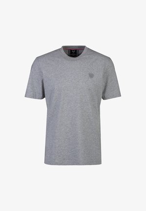 Graues T-Shirt mit kurzen Ärmeln und Rundhalsausschnitt, mit einem kleinen gestickten Logo auf der linken Brust und einem schwarzen Innenschild am Kragen.