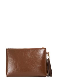 Brown leather pouch with a smooth, shiny texture, featuring a gold zipper and a brown tassel accent on the side.