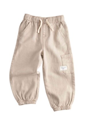 Beige bukser til småbørn med elastisk talje og manchetter, sidelommer, snøre samt et mærke på højre benlomme.
