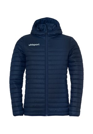 Veste matelassée bleu marine avec capuche, fermeture éclair frontale, poches latérales et logo blanc "uhlsport" sur la poitrine gauche.