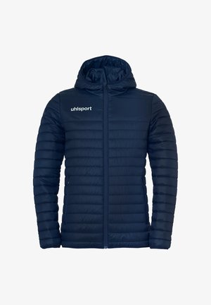 Veste matelassée bleu marine avec capuche, fermeture éclair frontale, poches latérales et logo blanc "uhlsport" sur la poitrine gauche.
