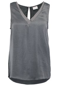 Blouse sans manches gris foncé en V avec un tissu texturé et une petite ouverture en forme de clé dans le dos avec fermeture à bouton.