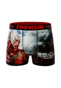 Boxers pour hommes avec une ceinture rouge et noire, mettant en avant un Titan colosse tendant la main et le texte "Attack on Titan" en japonais et en anglais.