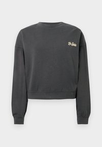 Γκρι cropped φούτερ από βαμβάκι, με μακριά μανίκια, ριμπ μανσέτες και κεντημένο με χρυσό το "La Siesta" στο στήθος.