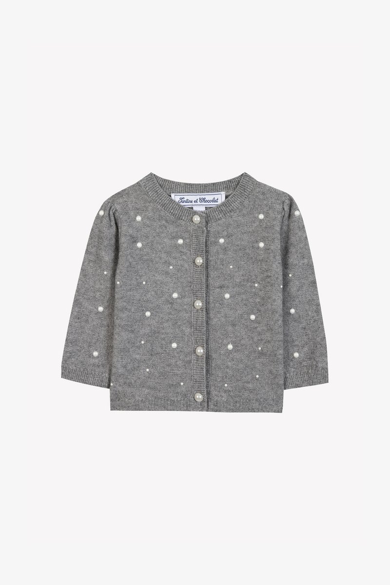 Gray knitted cardigan with long sleeves, featuring pearl accents and a round neckline, fastened with button closures along the front.
