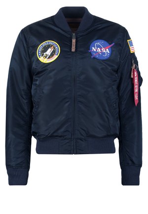 Tmavě modrá bomber bunda z hladkého nylonu, s emblémem NASA a nášivkami raketoplánů, žebrovanými manžetami a kapsou na zip.