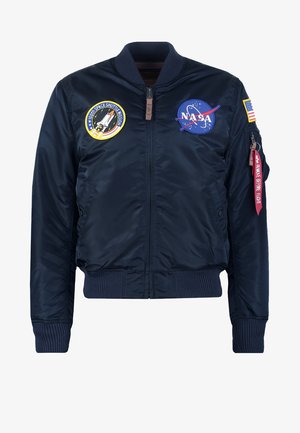 Tmavě modrá bomber bunda z hladkého nylonu, s emblémem NASA a nášivkami raketoplánů, žebrovanými manžetami a kapsou na zip.