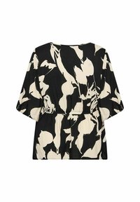 Chemisier oversize noir et crème avec un motif abstrait, resserré à la taille, présentant de larges manches et un col rond.