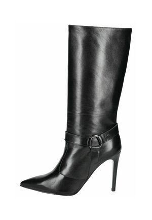 Black leather knee-high boot with pointed toe, stiletto heel, and a buckle accent on the ankle. Smooth texture and streamlined design.