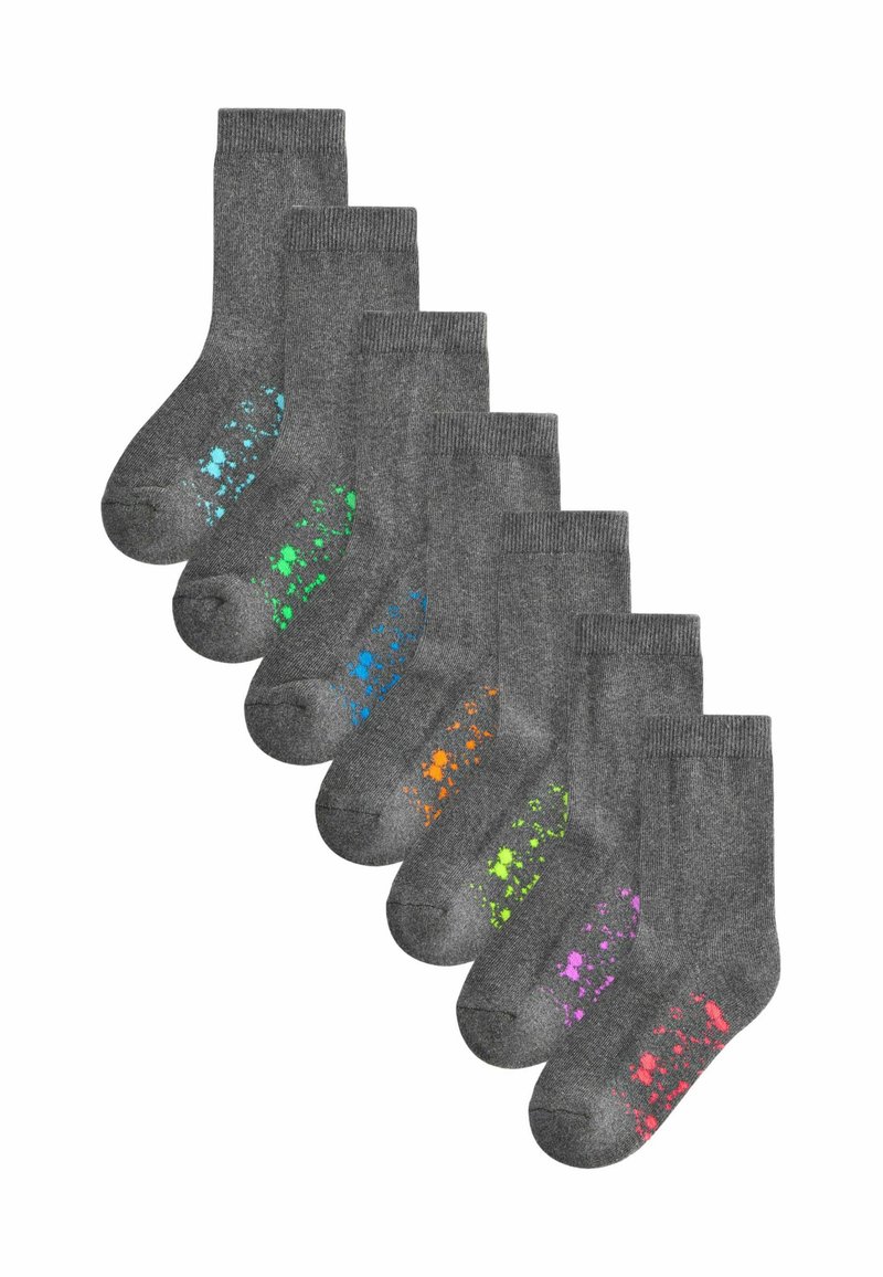 Ensemble de chaussettes grises présentant des motifs éclaboussés multicolores (bleu, vert, orange, rose, violet) sur la moitié inférieure. Texture lisse, design classique.