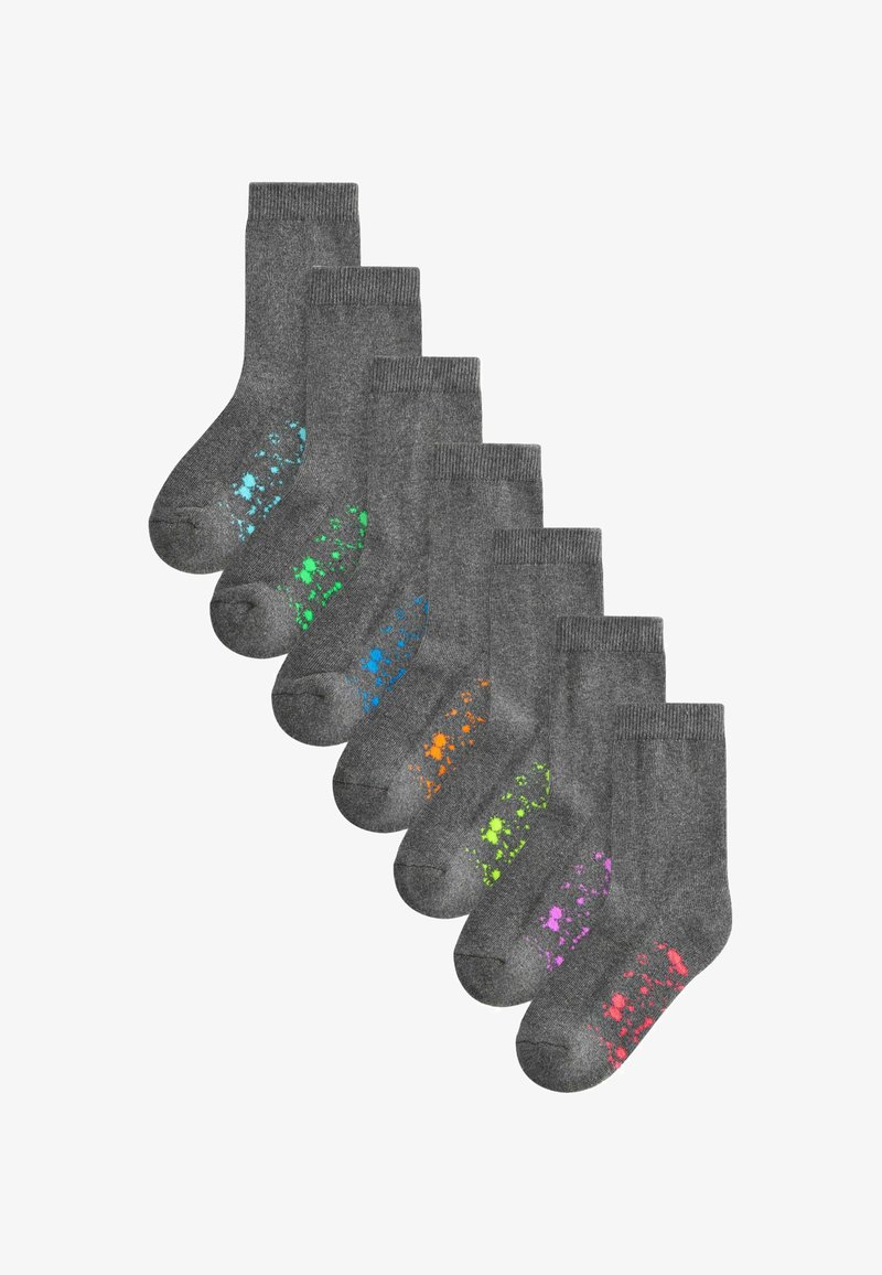 Halluxi sokid hallis, millel on mitmevärvilised pritsimuster (sinine, roheline, oranž, roosa, lilla) alumises osas. Siledat tekstuuri, klassikaline disain.