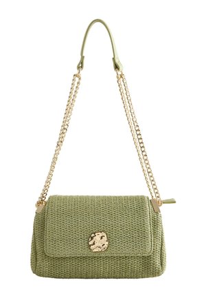 Light green woven crossbody bag with gold chain strap and textured round gold clasp on front flap.