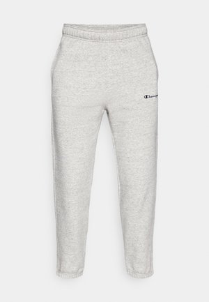 Gray cotton sweatpants with a textured finish, elastic waistband, tapered legs, and a small blue Champion logo on the left thigh.