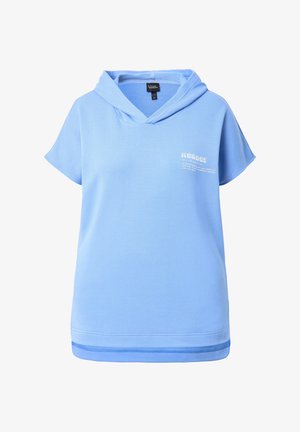 Lichtblauwe pullover hoodie met korte mouwen, met een ontspannen pasvorm, textuurstof en een contrasterende blauwe strook aan de zoom.