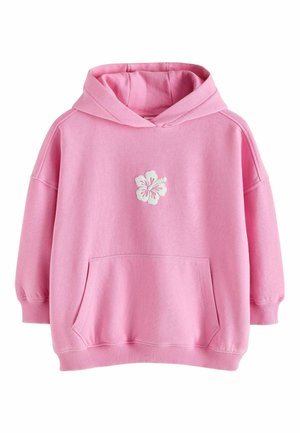 Rožinis džemperis su gobtuvu, priekinė kišene ir balto hibisko gėlės dizainu ant krūtinės. Pagamintas iš minkštos, tekstūruotos medžiagos.