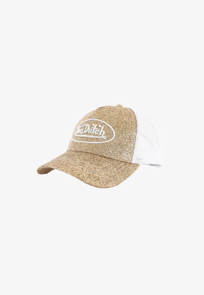 Gorra de béisbol dorada con brillo y una parte trasera de malla blanca, con un panel frontal redondeado y un logotipo en blanco en contraste.